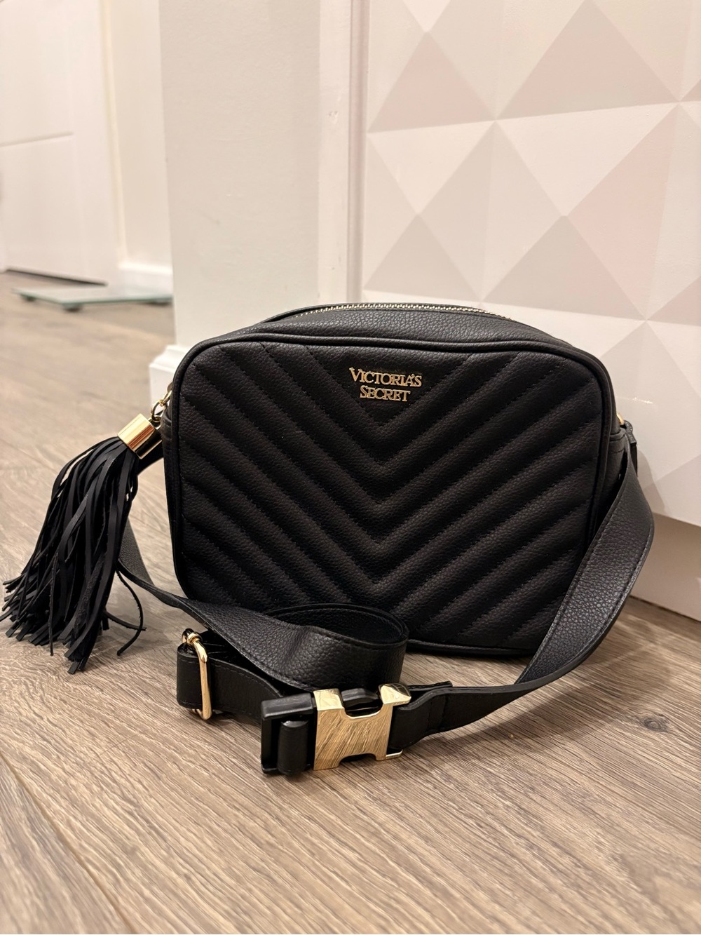 Victoria's Secret Black Quilted Crossbody with Tassel and Gold Accents